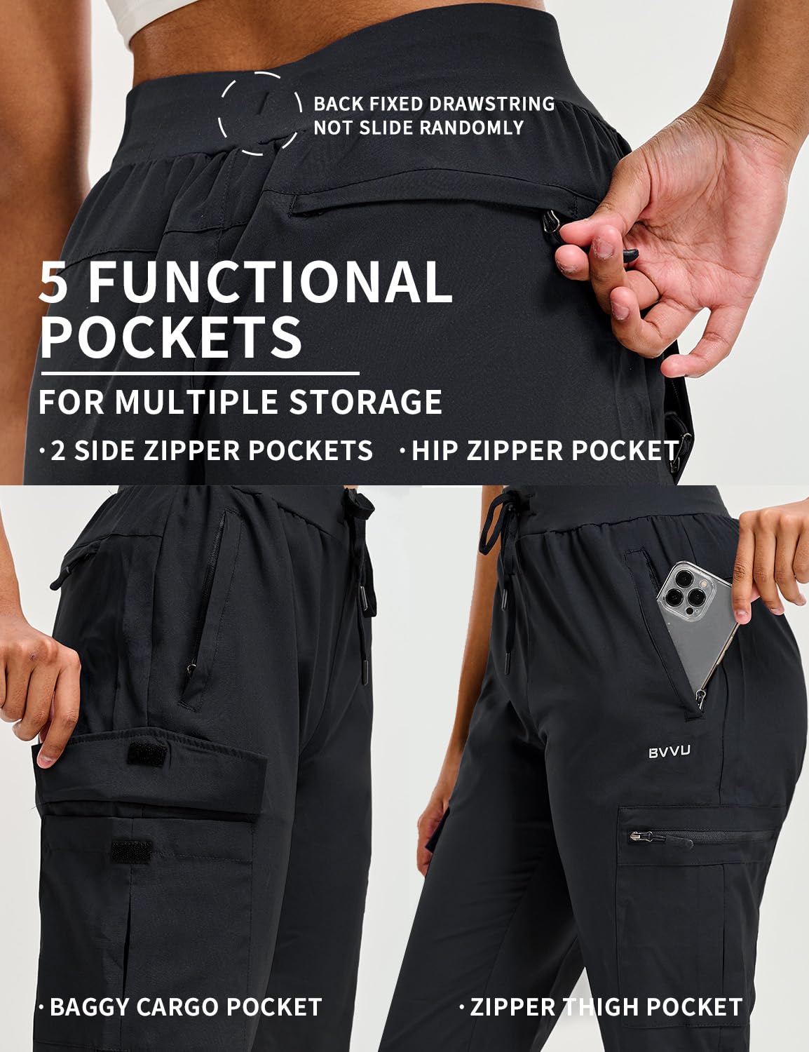 BVVU Women's Hiking Pants Lightweight Quick Dry Travel Outdoor Pants Waterproof Work Cargo Joggers with Zipper Pockets Black