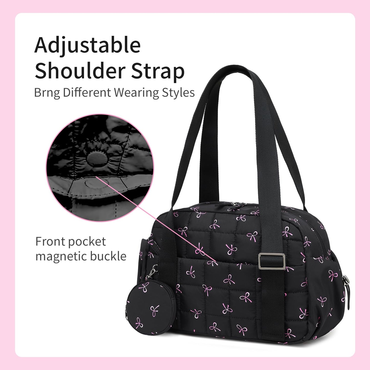 CAMTOP Mini Gym Bag for Women, Small Gym Tote Bag Puffy Quilted Sports Duffel Bag with Wet Compartment and Coin Purse Duffel Bags Dance Yoga Workout Bag for Gifts (Black Pink Bow, Mini-12.6")