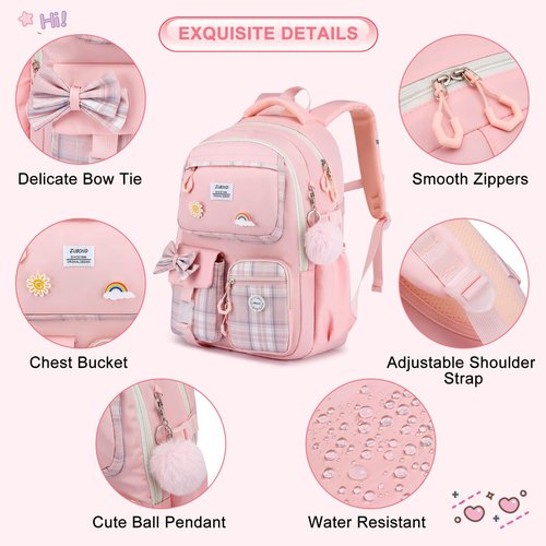Kuosdaz School Backpack for Girls, 3PCS Teens Girls Backpacks with Lunch Bag Pencil Case, Cute Kids Bookbag for Kindergarten Elementary Preschool Middle School, Pink