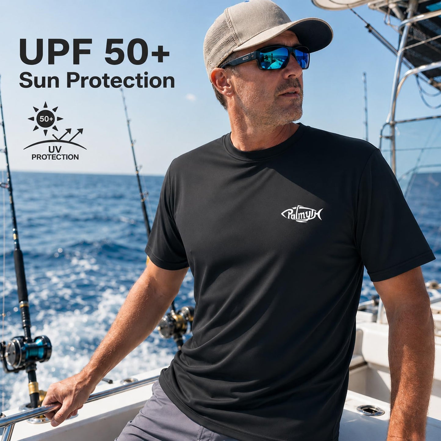 Palmyth Fishing Shirts for Men Short Sleeve T-Shirt UPF 50+ Sun Protection UV Tee Black Diver Shark XL