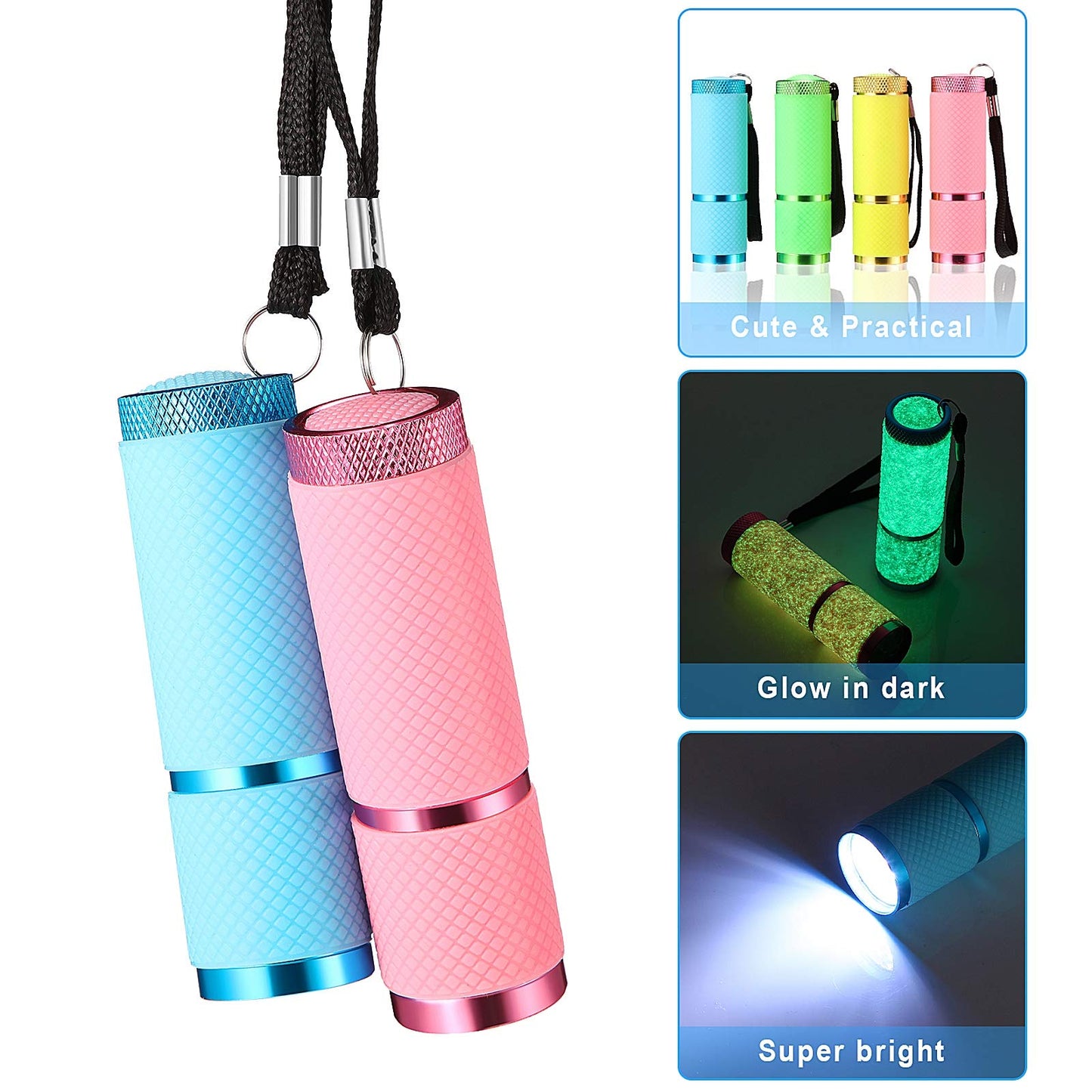 Mudder 8 Pieces Glow in Dark Flashlights Set, 9 LED Mini Flashlights Rubber Coated with Handle, LED Fluorescent Aluminum Portable Flashlight for Parties, Hiking, Camping, 4 Colors
