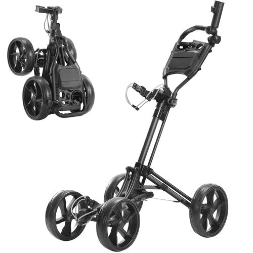Cavevine Golf Push Cart 4 Wheel, Golf Push Cart with One-Click Folding, Push Carts for Golf Bags, Golf Trolley with Cup Holder, Umbrella Holder, Handle Height Adjustable, Walking Push Cart