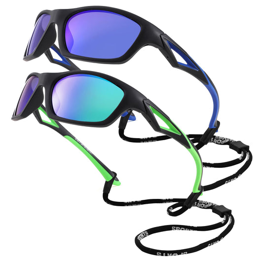 GLARDEFE Kids Youth Baseball Sunglasses – Unbreakable Flexible Polarized Sports Sunglasses with Strap for Boys Girls Age 2-10(Matte Black/Green Mirror + Matte Black/Blue Mirror)