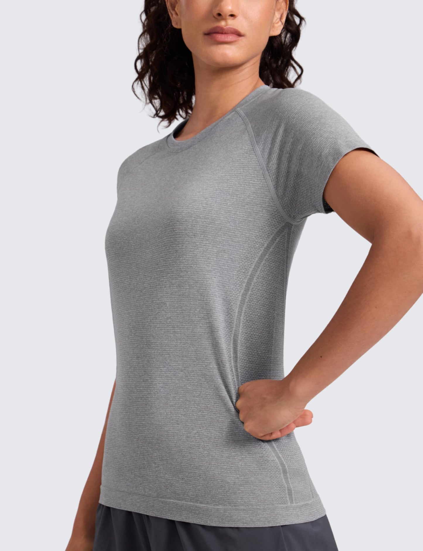 CRZ YOGA Seamless Workout Tops for Women Hip Length - Athletic Running Gym Yoga Short Sleeve Shirts Breathable Crewneck Tees Slate Grey Marl Large