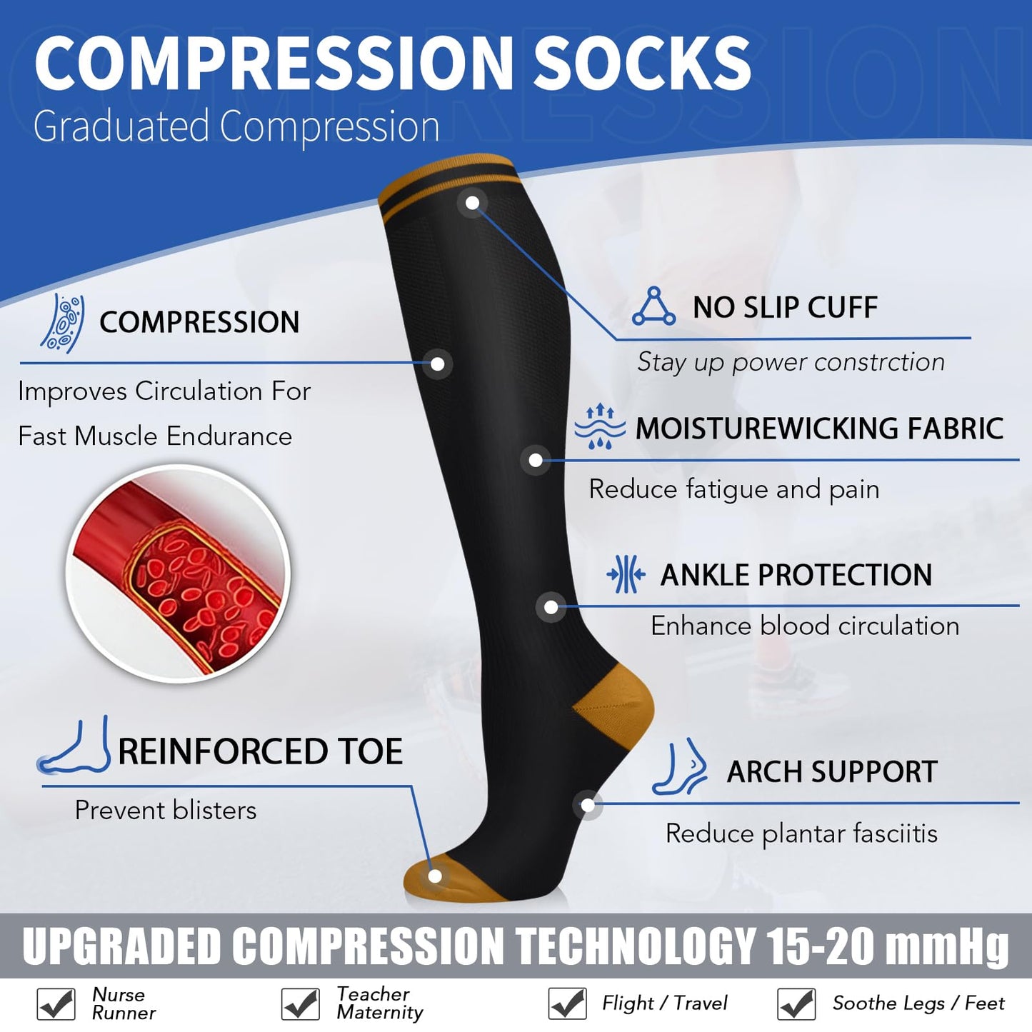 Sooverki Copper Compression Socks for Men & Women 8 Pack 15-20mmHg - Knee High Stockings Best Support for Running Athletic Work Travel Black Wide Calf Nylon plain gifts