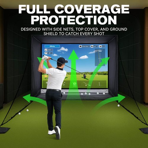 ZEALFEEL Golf Simulator Enclosure, 10x8FT Golf Net with HD Impact Screen & Side Barriers – Dual-Layer Impact Screen, Foam-Padded Frame, Indoor Cage Net for Home Garage Studio