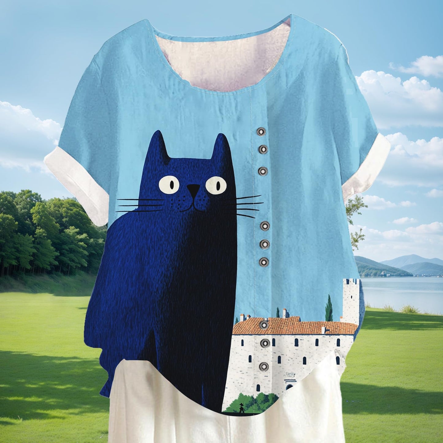 Xernbit Womens Fish Graphic Oversized Blouse Summer Fashion Casual Short Sleeve Tshirt Comfy Lightweight Loose Pullover Tops Vacation Beach Blue Cat XL