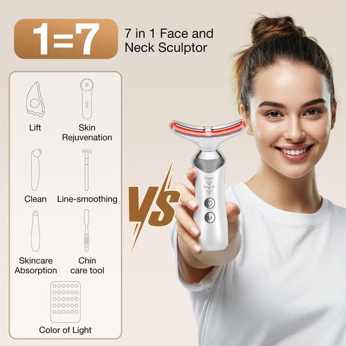 YUMAID Face and Neck Massager, 7-in-1 Multifunctional Facial Massager Tool with 4 Modes, Portable Facial Skin Care Tools, Beauty Device for Home Travel