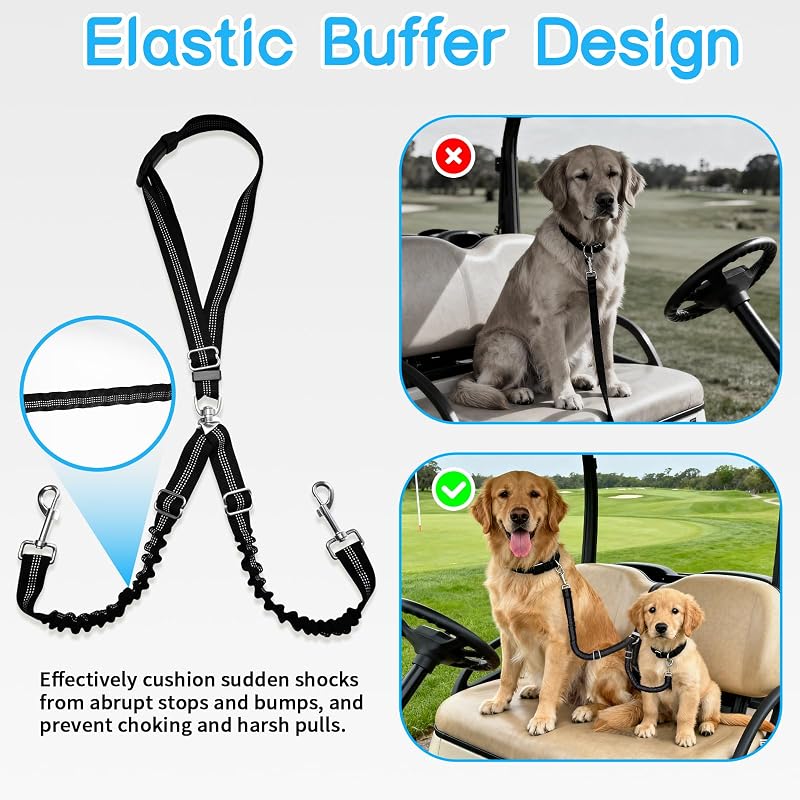 Golf Cart Dog Seat Leash & Safety Harness - Adjustable Tangle-Free Retractable Strap (Double Dog)