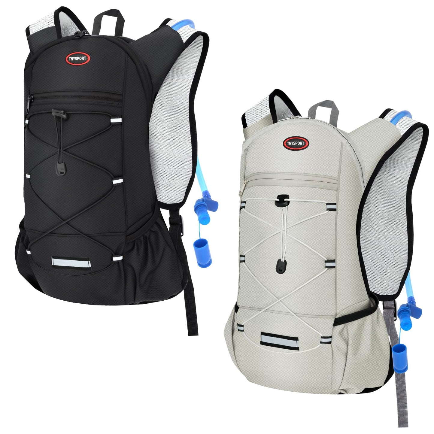 2 Pack Hydration Backpack Pack with 2L Hydration Bladders, TNYSPORT Lightweight Breathable Water Backpack with Multiple Pockets, Reinforced Shoulder Straps for Hiking, Running, Biking (Black and Gray)