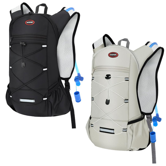 2 Pack Hydration Backpack Pack with 2L Hydration Bladders, TNYSPORT Lightweight Breathable Water Backpack with Multiple Pockets, Reinforced Shoulder Straps for Hiking, Running, Biking (Black and Gray)