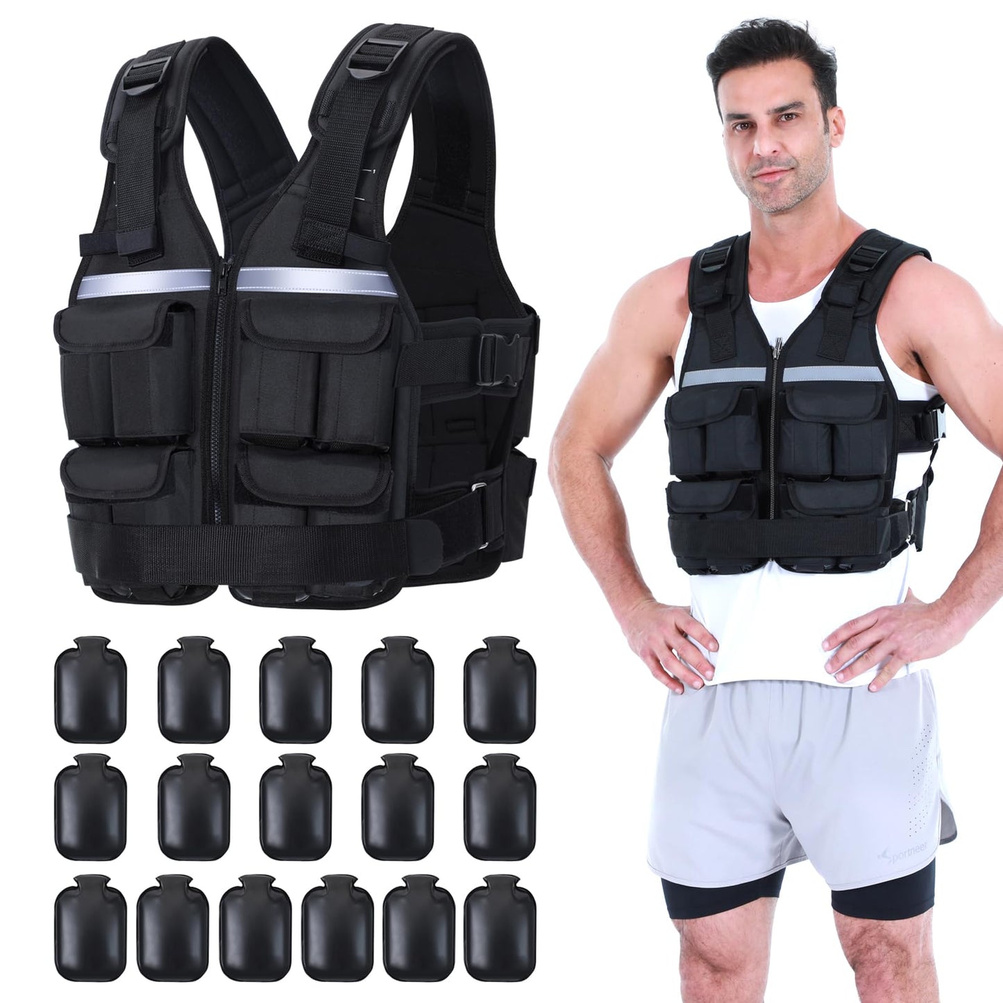 Sportneer Adjustable Weighted Vest Weights: 2-18 lbs/2-42 lbs Washable Weight Vest for Walking 16 In 1 Fast Adjust Rucking Vest for Women and Men Home Gym Running Jogging Strength Training Vests