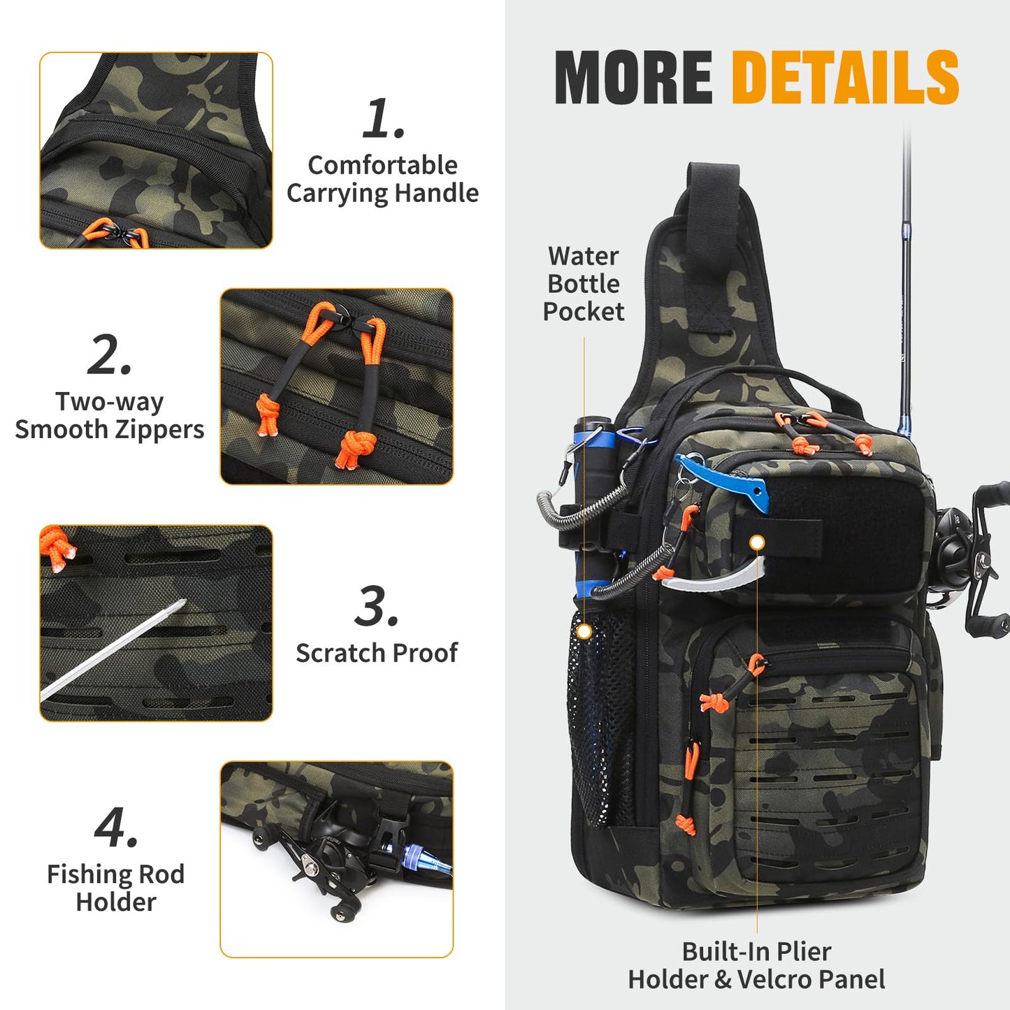 HUNTVP Fishing Sling Bag Lightweight Tackle Bag Small Fishing Backpack Tactical Shoulder Sling Bags with Rod Holder, Storage Gear and Equipment, Gifts for Men (Camo)
