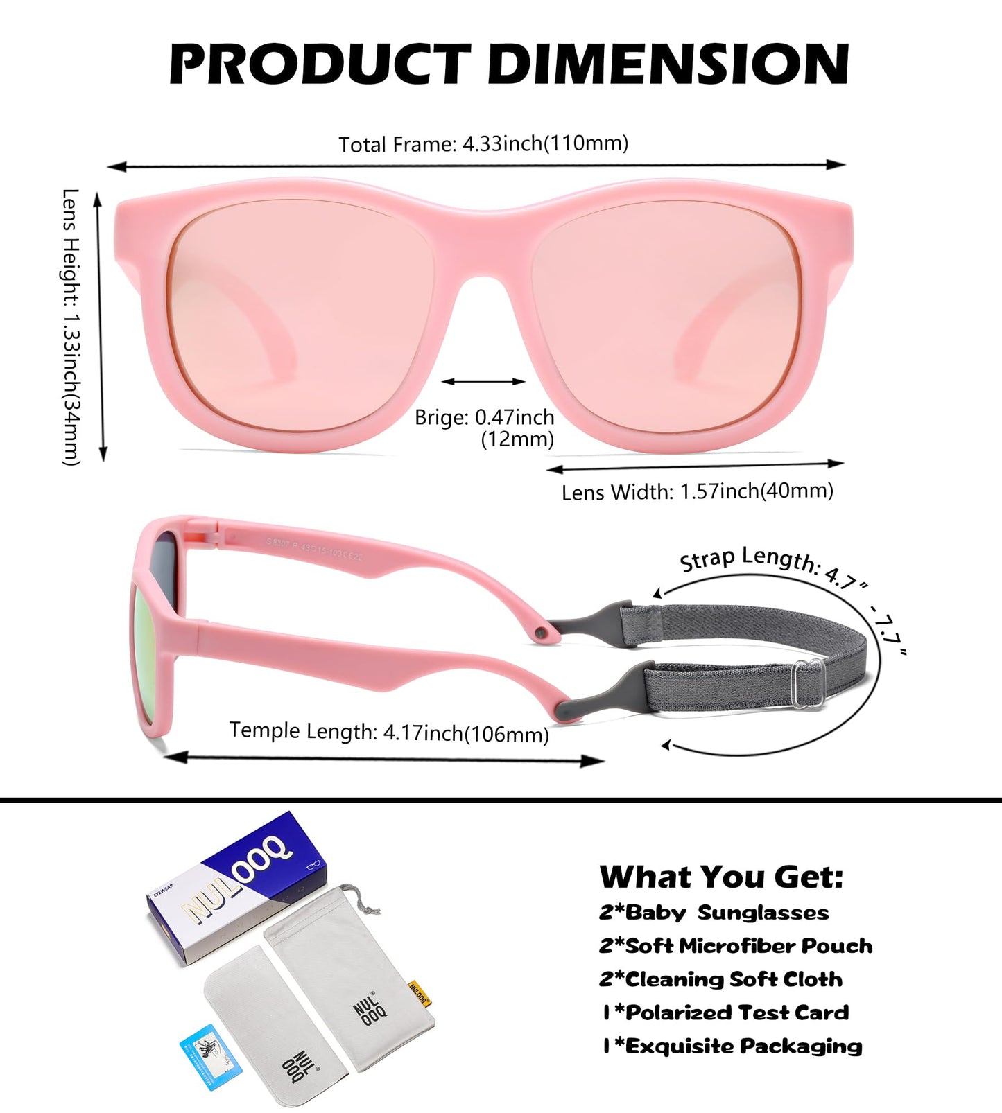 NULOOQ Flexible Polarized Baby Sunglasses with Adjustable Strap for Toddler Newborn Infant Age 0-24 Months (Pink/Pink Mirrored + Pink Green/Blue Mirrored) - 2 Pack