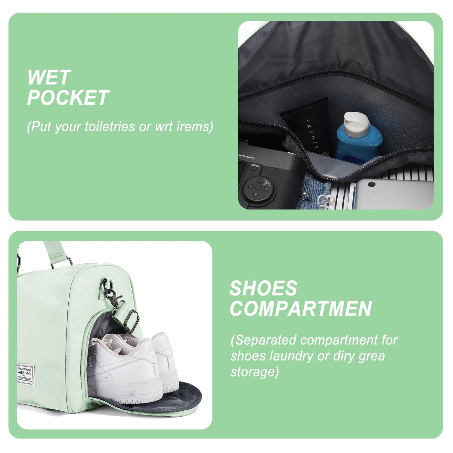 Gym Bag for Women Men with Shoe Compartment,Small Travel Duffle Bags for Traveling Overnight Weekender Bag Personal Item Travel Bag Large Sport Bag Workout Bag Light Green