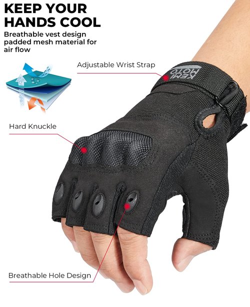 KEMIMOTO Fingerless Tactical Gloves for Men, Motorcycle Gloves for Outdoor Work Sports, Fingerless Cycling Gloves for Hunting Hiking Camping