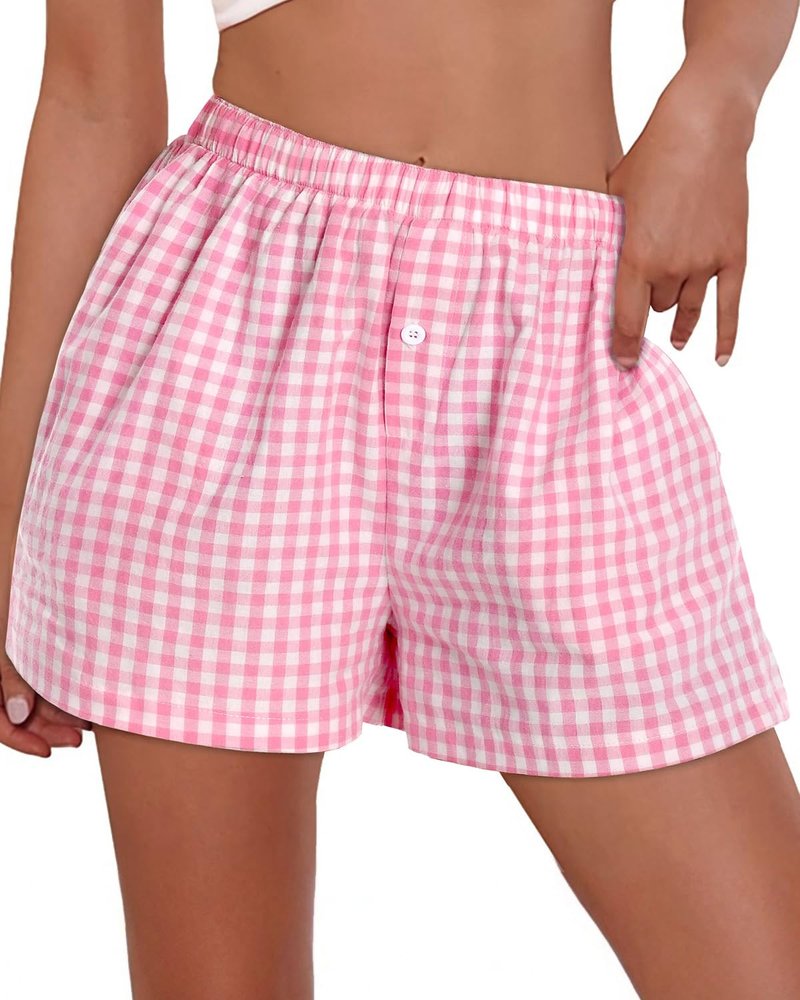 Boxer Shorts for Women Summer Gingham Pajama Casual Plaid Shorts Y2K Beach Bottoms with Pocket(Pink, M)