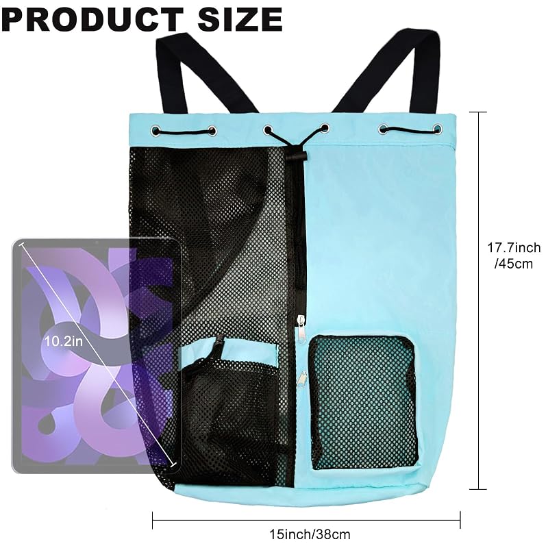 Lifwimner Mesh Beach Backpack with Wet Pocket - Drawstring Pool Bag, Waterproof Gym Bag – Mint Blue