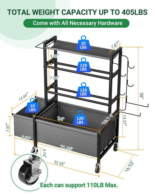FavourLife Adjustable Dumbbell Rack, 4-Tier Movable Weight Rack Stand for Home Gym Up To 405lb with Lockable Caster & Hooks, Home Gym Equipment Storage for Dumbbell Kettlebell Yoga Mat Ball