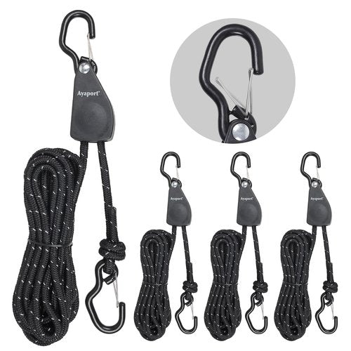 Ayaport Rope Tie Down Ratchet Kayak Straps with Safety Lock S Hook 1/4" x 14' Heavy Duty Pulley Rope Hanger Tarp Tent Tie Downs