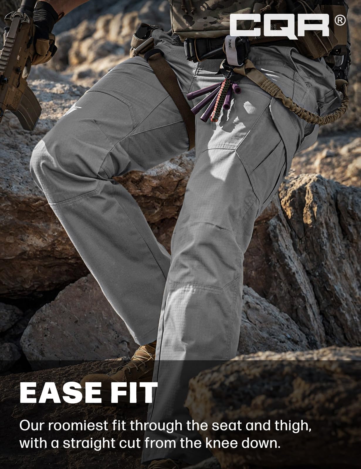 CQR Men's Tactical Pants, Water Resistant Ripstop Cargo Pants, Lightweight EDC Work Hiking Pants, Outdoor Apparel, Raider Stone, 44W x 30L