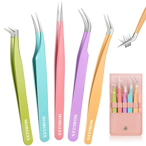 MORGLES 5pcs Eyelash Extension Tweezers High Precision, Straight and Curved Volume Lash Tweezers for Extensions, Crafting, Girls Women Beginners