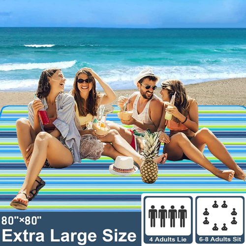 LRUUIDDE Extra Large 80"x 80" Beach Blanket, Outdoor Picnic Blankets, Waterproof Sandproof Portable Blankets, Foldable and Lightweight for Spring Summer Camping, Beach, Park (Blue, 80x80 in)