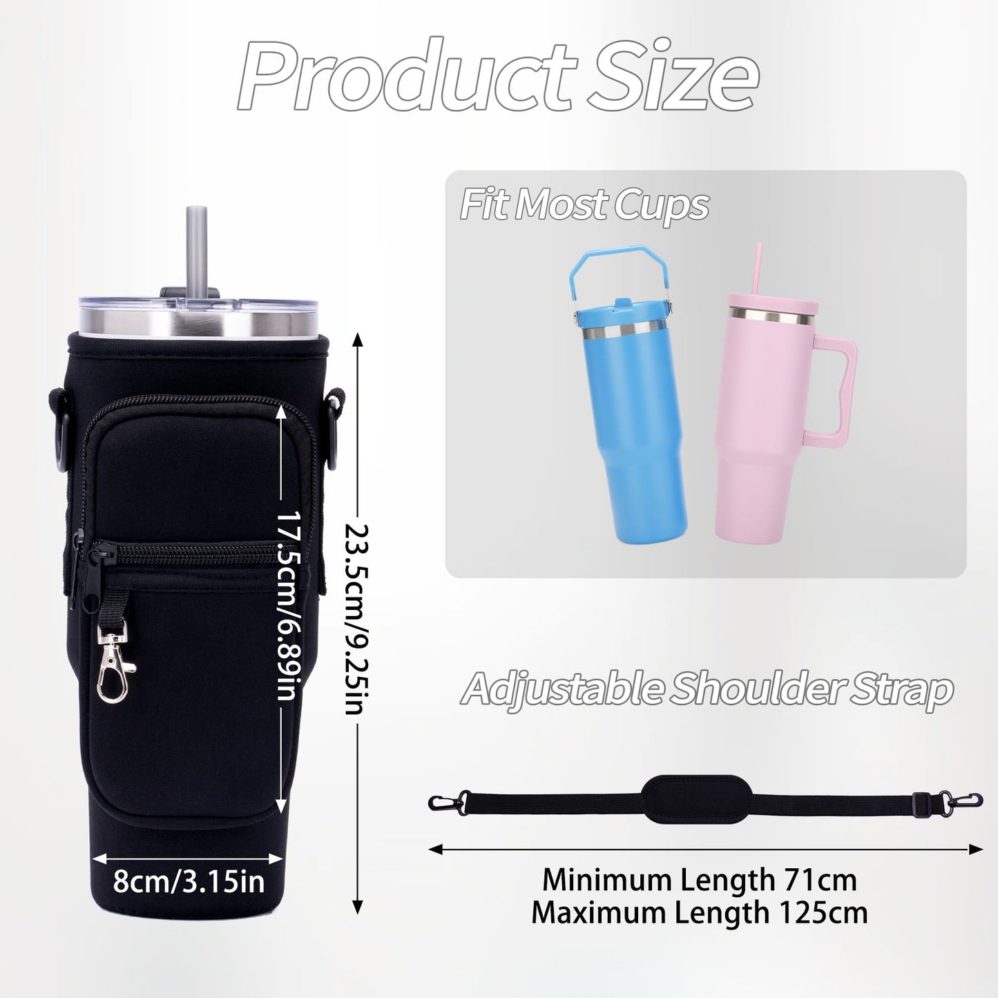 Toptime Water Bottle Carrier Bag with Phone Pocket for Stanley Cup 40 oz, Water Bottle Holder with Adjustable Shoulder Strap, Neoprene Stanley Cup Accessories for Hiking Travelling Camping (Black)