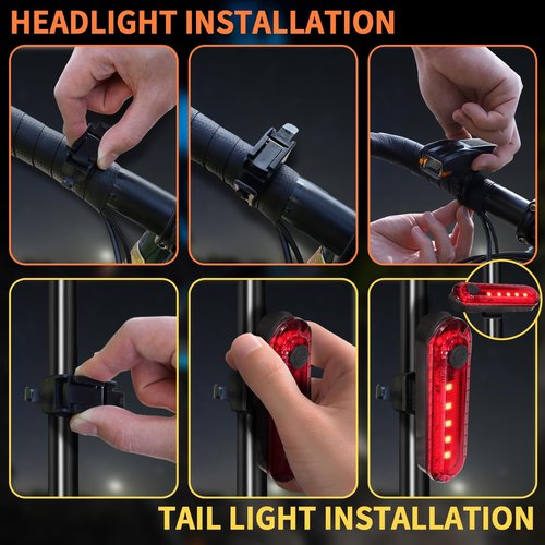 KunHe 2 Pack 227Lumens 1600mAh Bike Light Set Rechargeable Front & Rear Bicycle Lights with IPX5 Waterproof 4 Modes for Night Cycling
