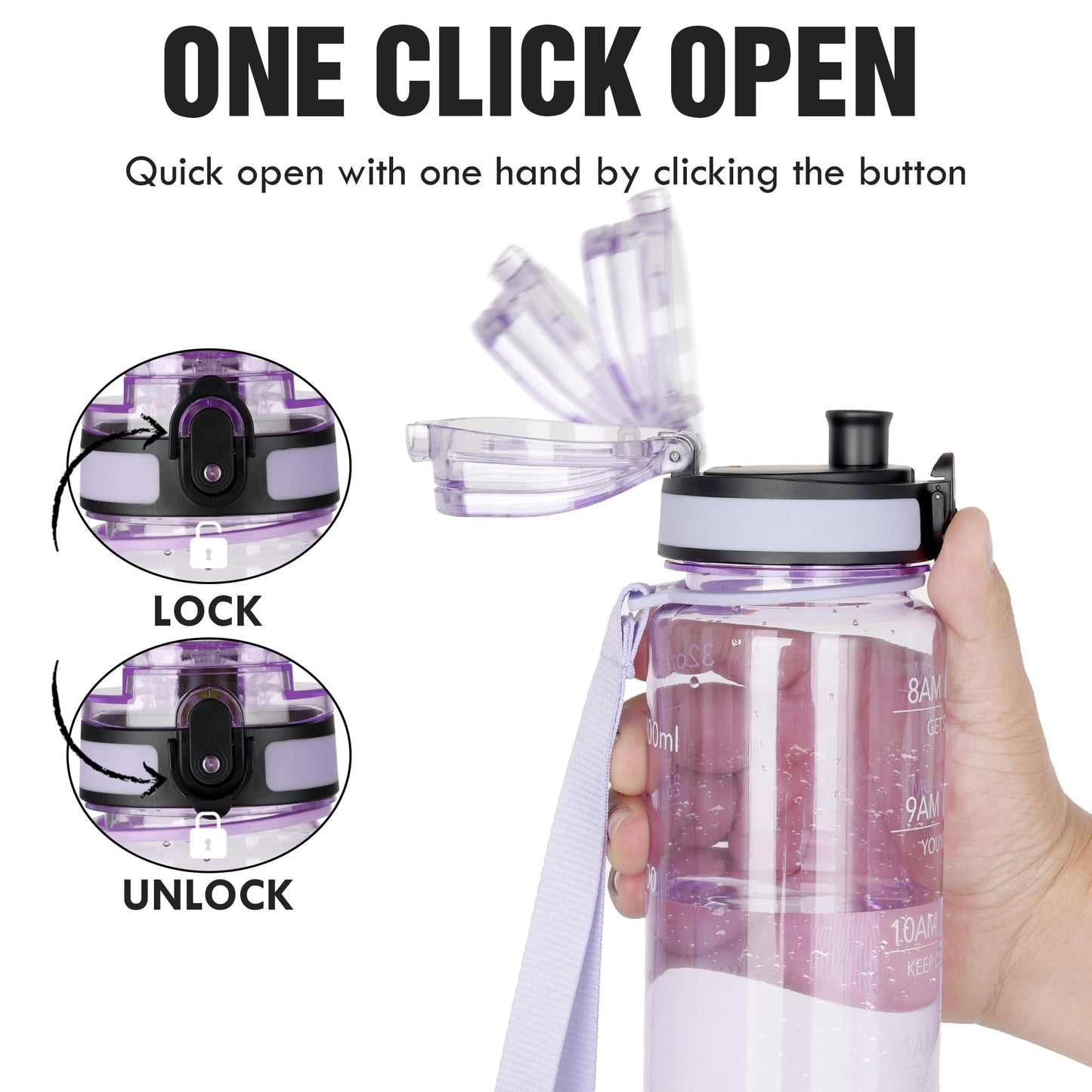 OLDLEY Water Bottle, 32oz Motivational Sports Water Bottle with Time Marker - Times to Drink - Tritan, BPA Free, Wide Mouth Leakproof,Anniversary Birthday Gifts for Men Women, Amethyst (1 Bottle)