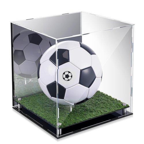 Geelin Soccer Ball Display Case 12" x 11" x 10.5" Acrylic Clear Display Case Box with Mirror Back and Turf Grass, Storage Cube for Soccer Ball Collectibles Sports Memorabilia Collector Gift
