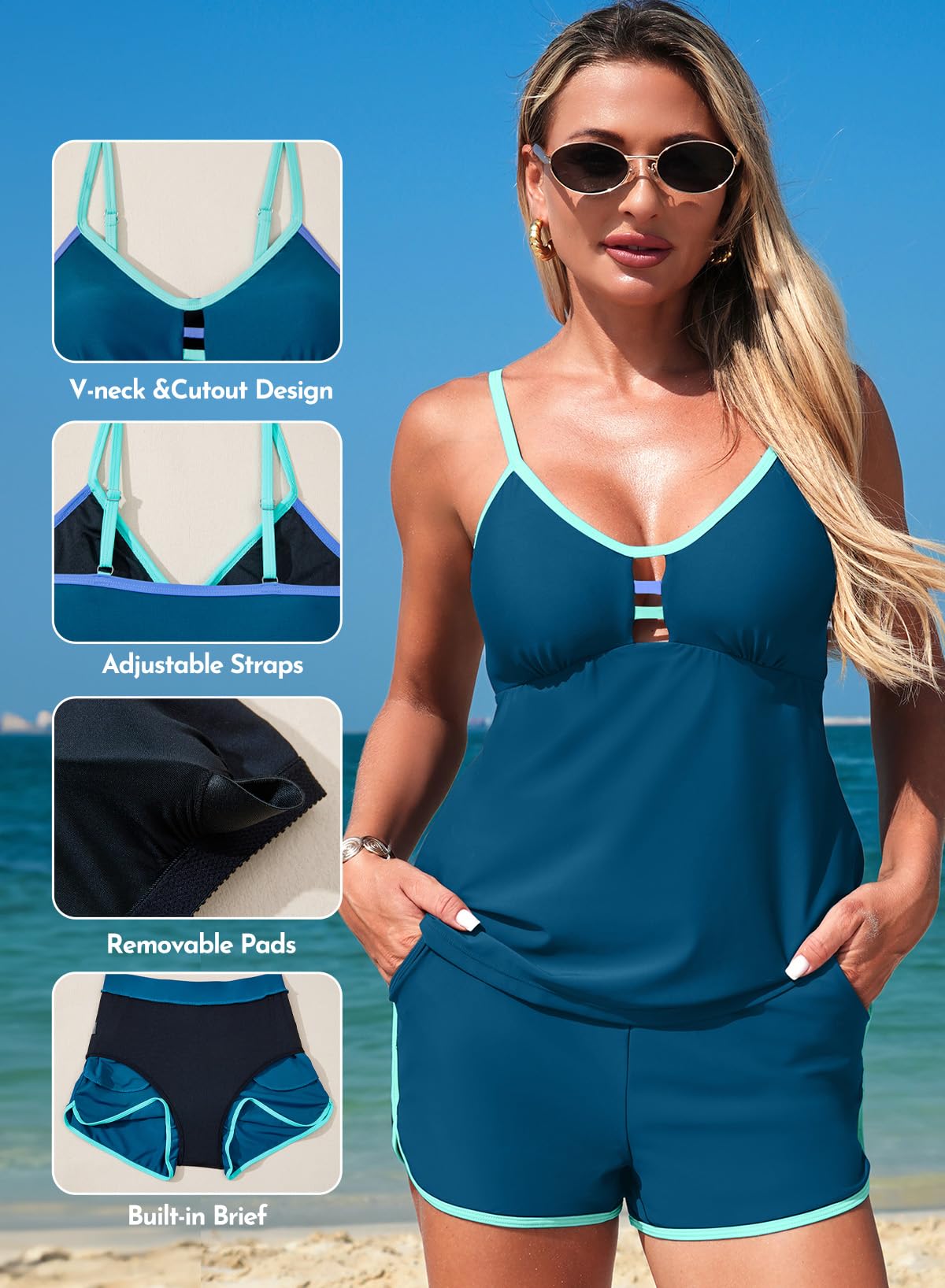 Aleumdr Women Blouson Color Block Tankini Swimsuits Tummy Control Two Piece Bathing Suits with Two Pockets Bottom Swimwear Sail Blue Large