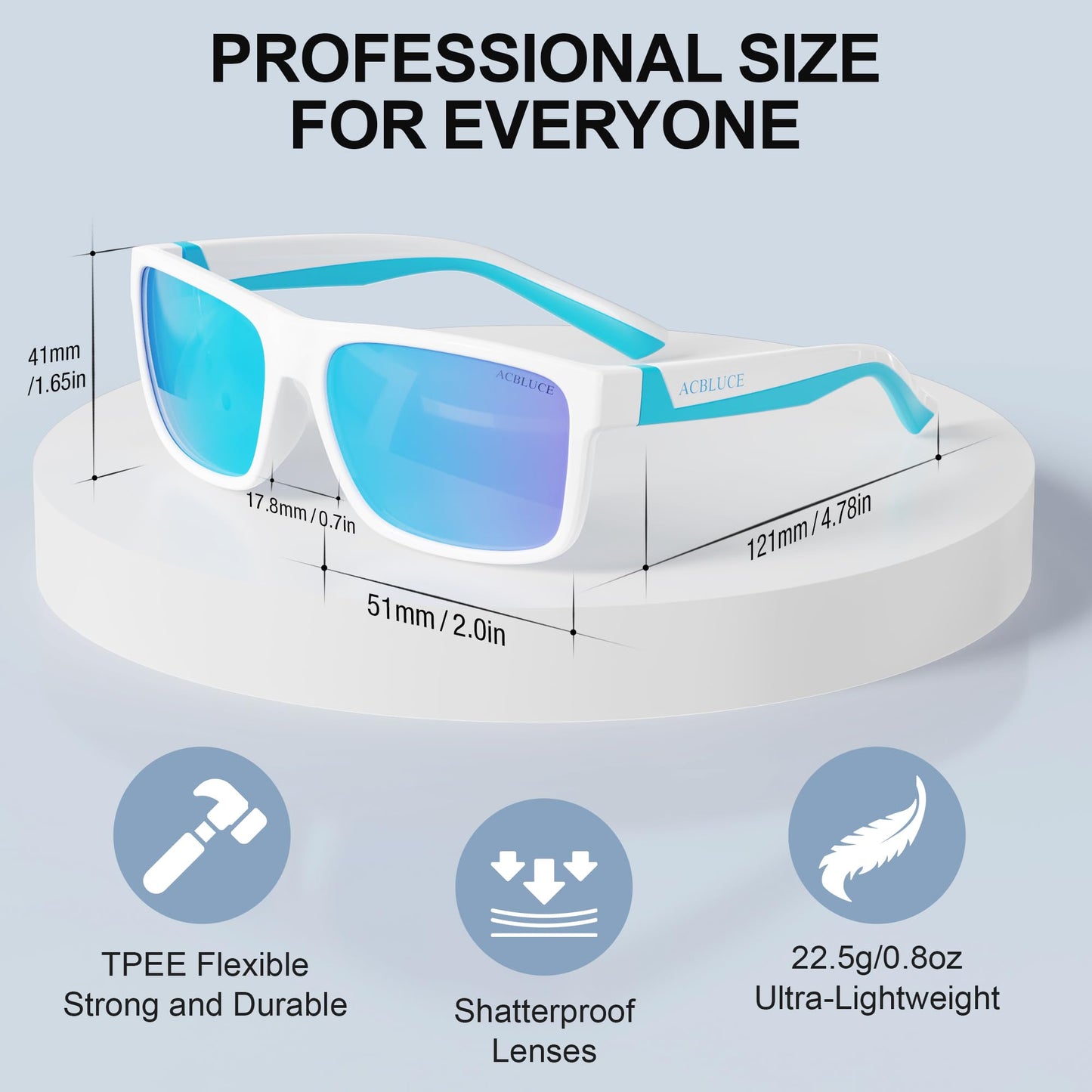 ACBLUCE Sunglasses for Kids Boys Girls Polarized Youth Teen Children Sports Baseball Running Beach Rubber White Blue Glasses for Age 6-12