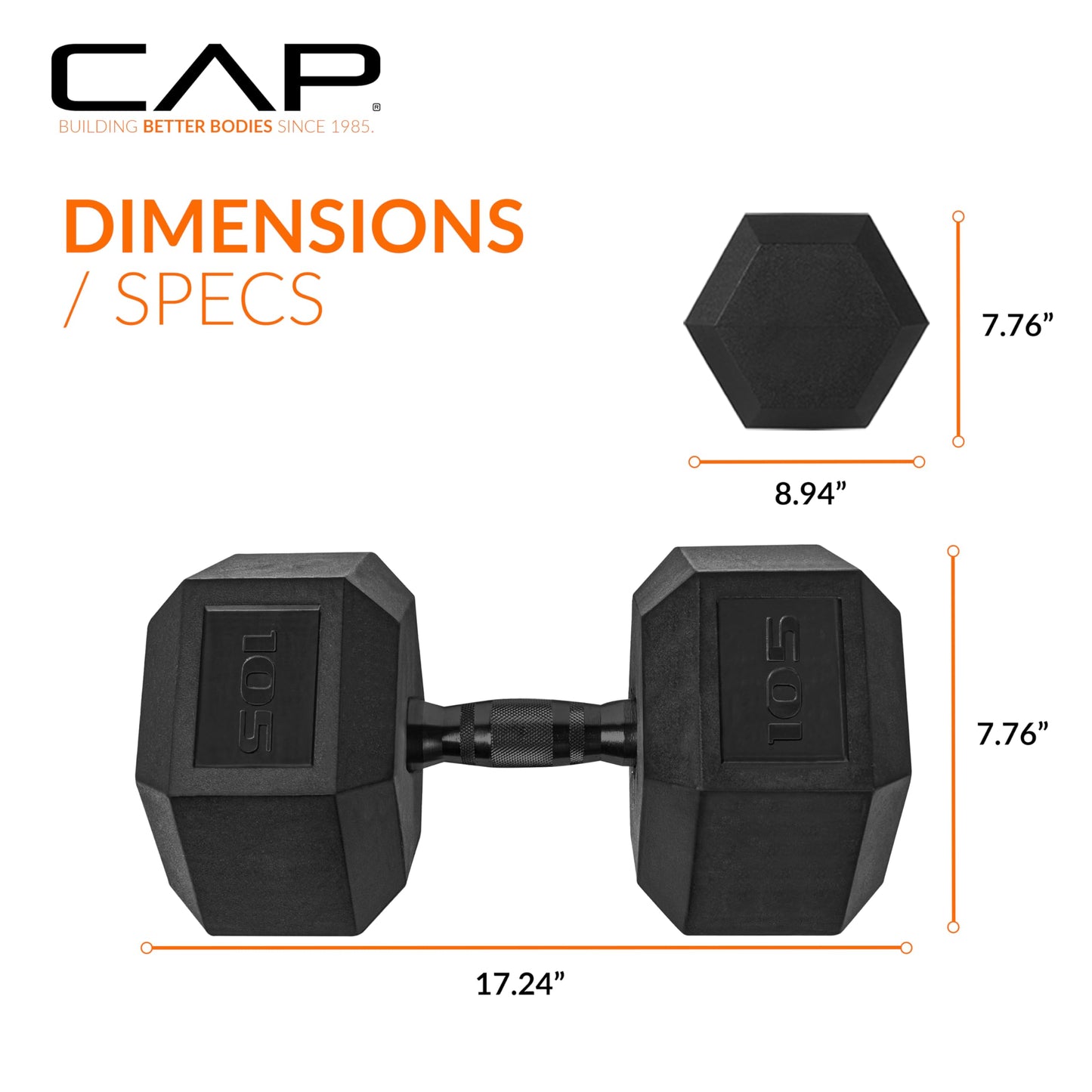 CAP 105 LB Rubber Coated Hex Dumbbell Weight, Rubber Free Weights for Home Gym Strength Training, Black Oxide Handle, Pair
