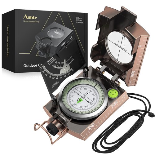 Anbte Compass Hiking Survival, IP65 Waterproof Metal Compass with Sighting Clinometer and Carry Bag, Multifunctional, Professional, for Camping Hunting Hiking Navigation, Bronze