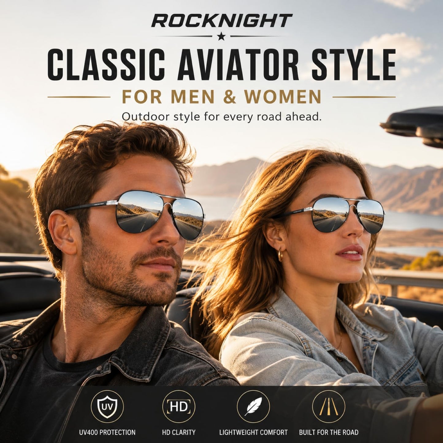 ROCKNIGHT Polarized Aviator Sunglasses for Men Women UV400 Metal Frame Flat Top Driving Outdoor Shades Lightweight 58mm Silver Mirror Lens