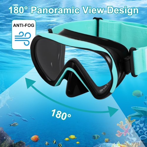 HIKOTEY Swimming Goggles for Kids(2 Pcs), Elastic Fabric Strap, Tempered Glass Diving Mask 180°Clear View Snorkel Goggle for Kids Ages 6-16, Anti-Fog (2 Pack-Black Cyan & Black Pink)