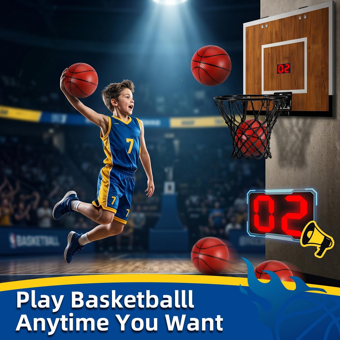 Laapee Indoor Mini Basketball Hoop Set, Over The Door/Wall Mounted with 16"x12"x3" Solid Wood Backboard, Digital Scoreboard, Anti-Shock Door Protection, Includes 3 Mini Basketballs & Air Pump