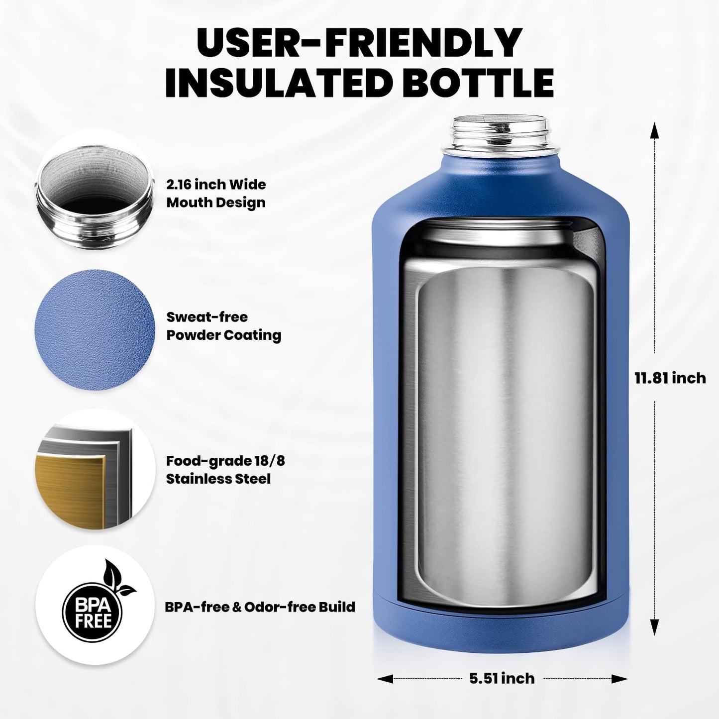 RAYMYLO One Gallon Water Bottle Insulated, Triple Walled Vacuum Stainless Steel