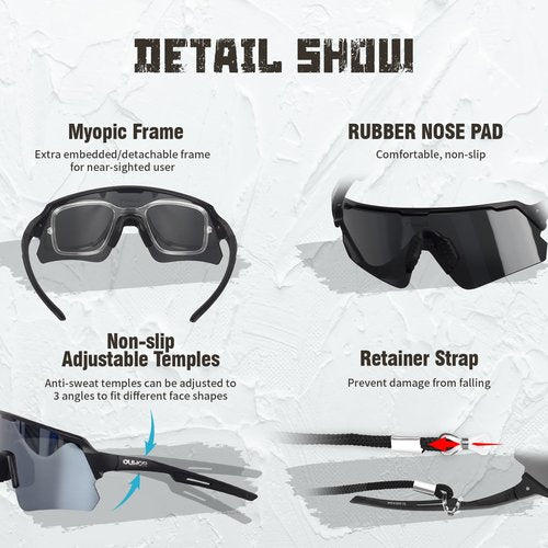 OUWOR Polarized Cycling Glasses for Men Women Youth, UV400 Mountain Bike Sunglasses for Bicycle Mtb Running Fishing Baseball Hiking (Black & Gray)