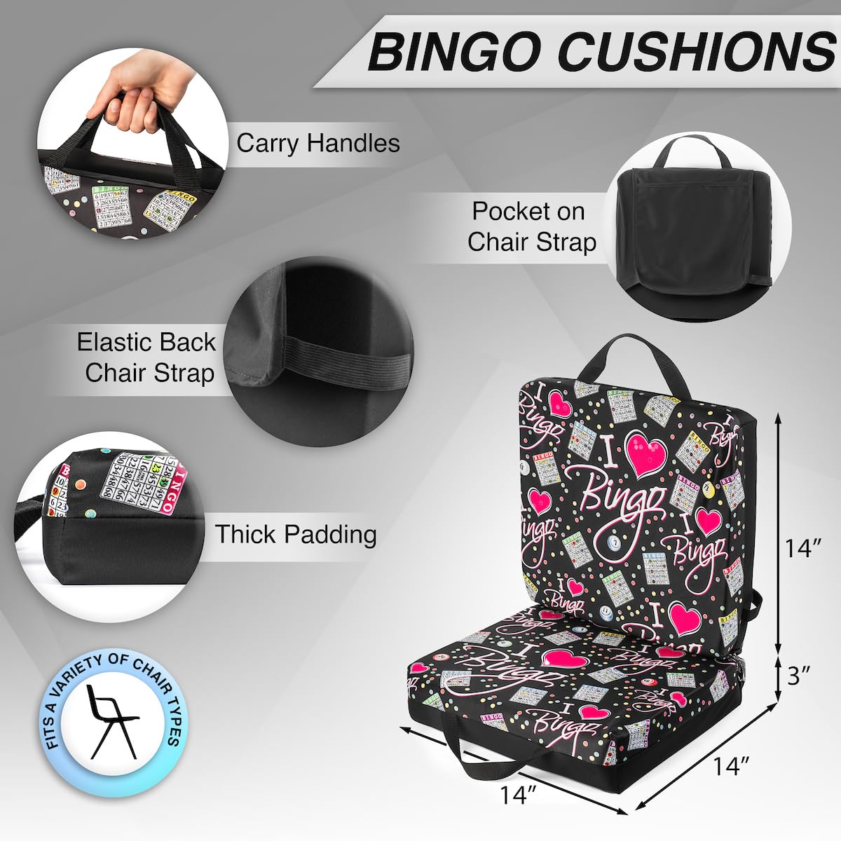 I Love Bingo Black Pattern Double Cushion for Relief During Bingo