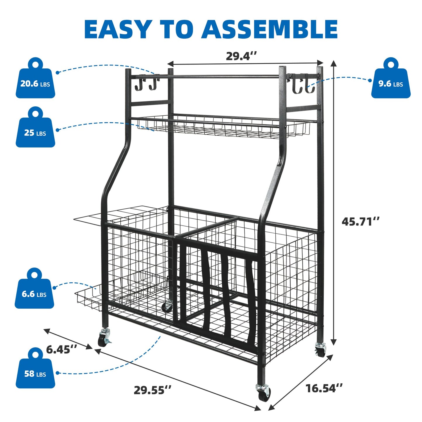 YOUNITA Garage Sports Equipment Organizer, Ball Storage Rack,Garage golf Organizer with Basket and Hooks,Rolling Sports Ball Storage Cart for Toy Gear Storage (45.71 inch)