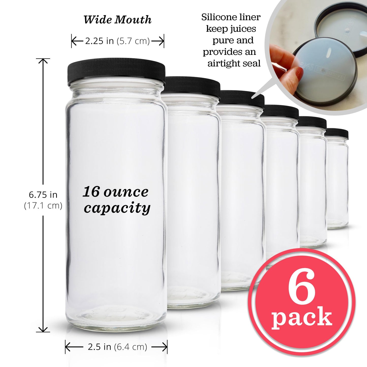 All About Juicing Clear Glass Water Bottles Set - 6 Pack Wide Mouth with Lids for Juice, Smoothies, Beverage Storage - 16 oz, Durable, Reusable, Dishwasher Safe, Leak Proof (Black Caps)