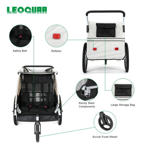 LEOGUAR Bike Trailer for Kids, Stroller, Suitable for 1 to 2 Kids, 5-Point Harness, Padded seat and Backrest, Folding Frame, Quick Release Wheels, 8" Swivel Front Wheel, Bug Screen & Weather Shield