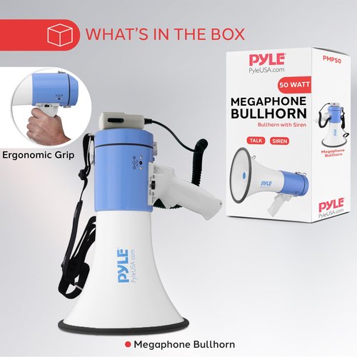 PYLE Portable Megaphone Speaker PA Bullhorn - Built-in Siren, 50W Adjustable Volume Control in 1200 Yard Range, Ideal for Any Outdoor Sports, Cheerleading Fans & Coaches, or for Safety Drills