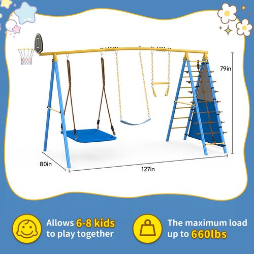 Stebovol 7 in 1 Backyard Swing Set 660lbs - Kid Outdoor Playground with Trapeze Bar, Platform Swing, Belt Swing, Climbing Rope & Ladder, Basketball Hoop, Soccer Goal for 3-8 Years Old