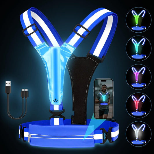 Fitense LED Reflective Running Vest with Phone Holder, Rechargeable 5 Colors Light Up Running Lights for Runners High Visibility Night Safety Gear, Adjustable for Men Women (Classi-Small Size, Blue)
