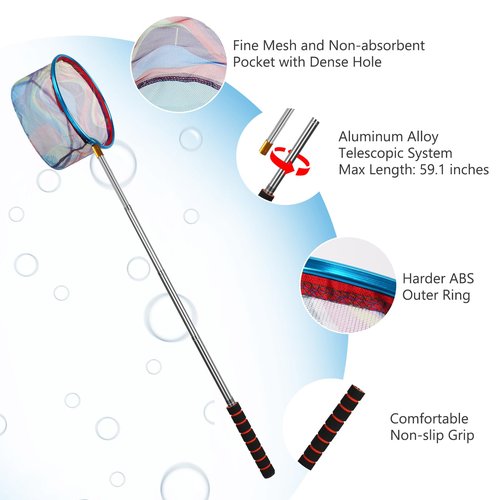 Kids Fishing Net, 2 Pack Thickened Telescopic Fishing Landing Net with Aluminum Pole Handle for Kids, Collapsible Bucket Kids Sand Pail, Fishing Net Butterfly Nets for Kids, Outdoor Playing, Blue