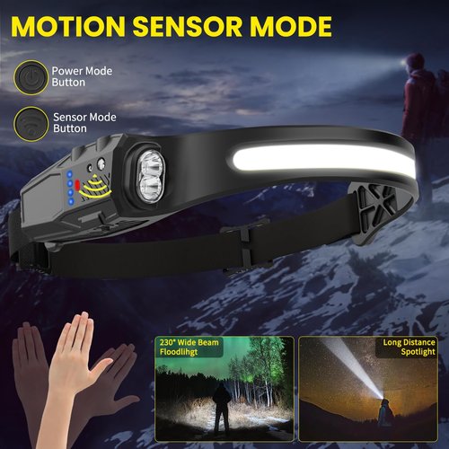 Headlamp Rechargeable 3Pack, 230° Wide Beam LED Headlamp, 7Mode Headlamps for Adults, Head Lamp with Motion Sensor, Red Light Head Lamps LED Rechargeable, Head Lights for Forehead Running Camping