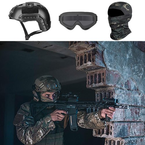 SANYETS Airsoft Helmet, Black PJ Tactical Helmet with Night Vision Mount,Airsoft Goggles and Airsoft Balaclava Face Mask,Men's Military Costume,Tactical Airsoft Gear